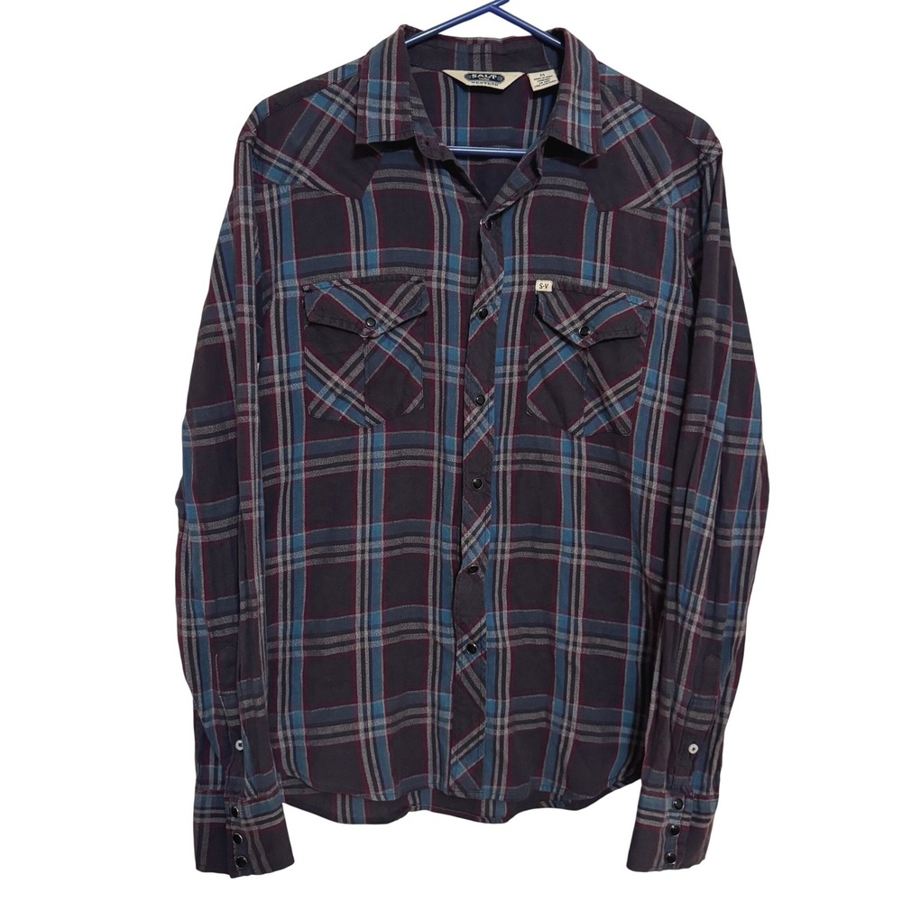 Salt Valley Western Button Down Shirt Mens Medium Flannel Plaid Blue Pearl Snap